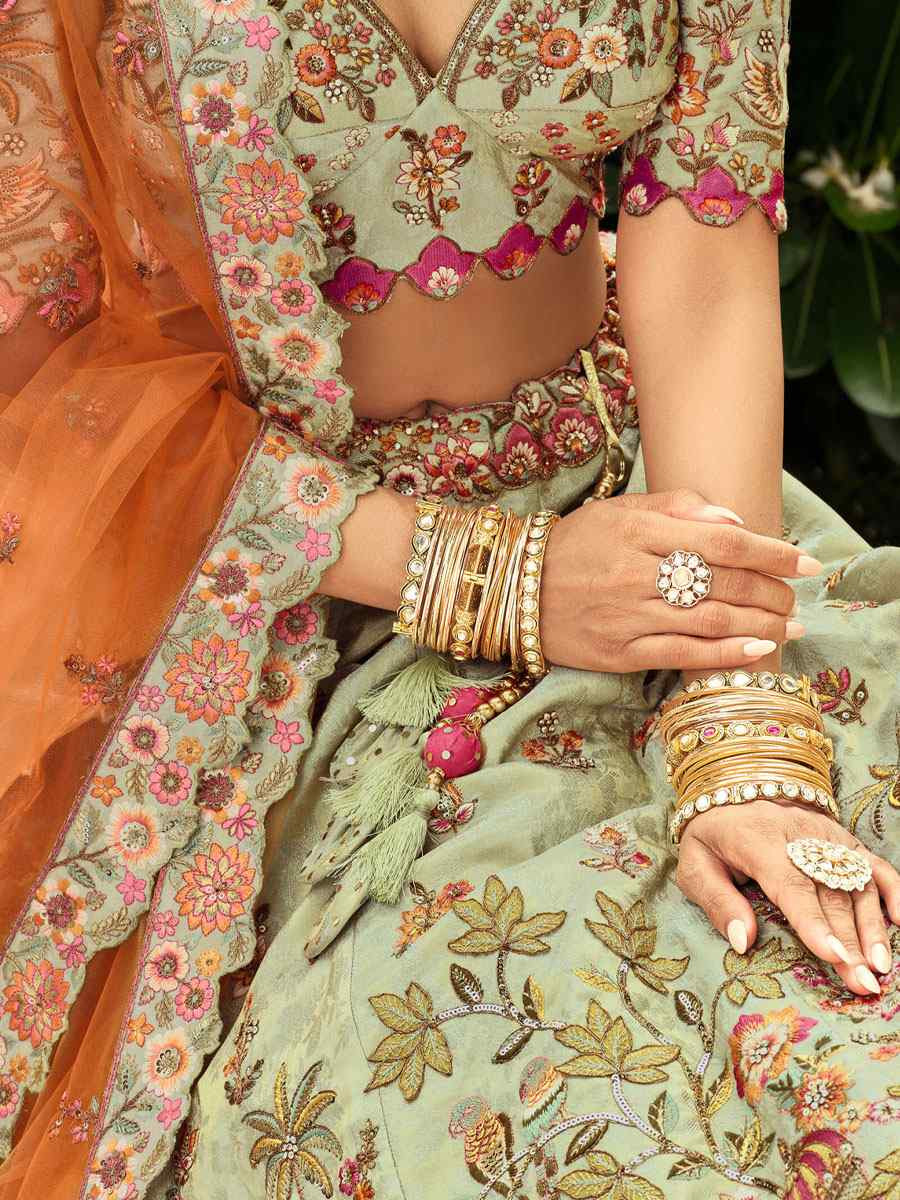 Sea Green Heavy Pure Silk Embroidered Wedding Reception Festival Heavy Border Lehenga Choli