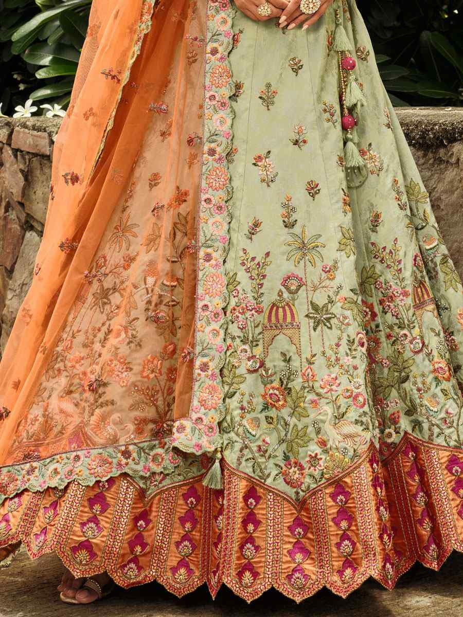 Sea Green Heavy Pure Silk Embroidered Wedding Reception Festival Heavy Border Lehenga Choli