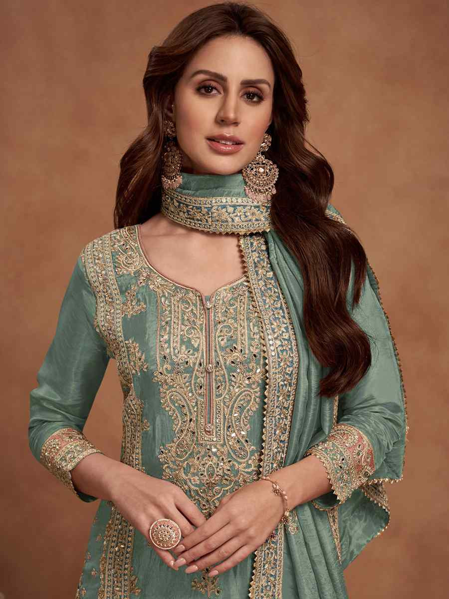 Sea Green Heavy PV Vichitra Embroidered Festival Wedding Palazzo Pant Salwar Kameez