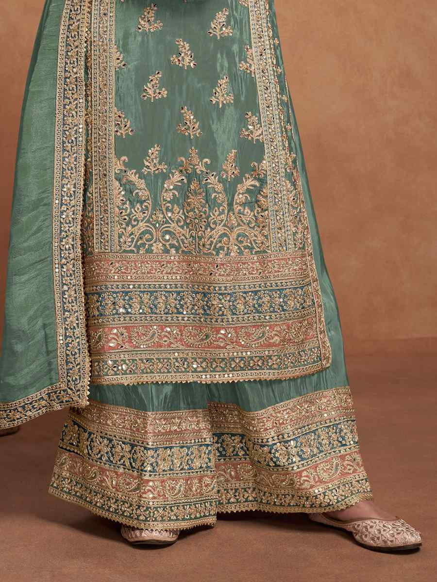 Sea Green Heavy PV Vichitra Embroidered Festival Wedding Palazzo Pant Salwar Kameez
