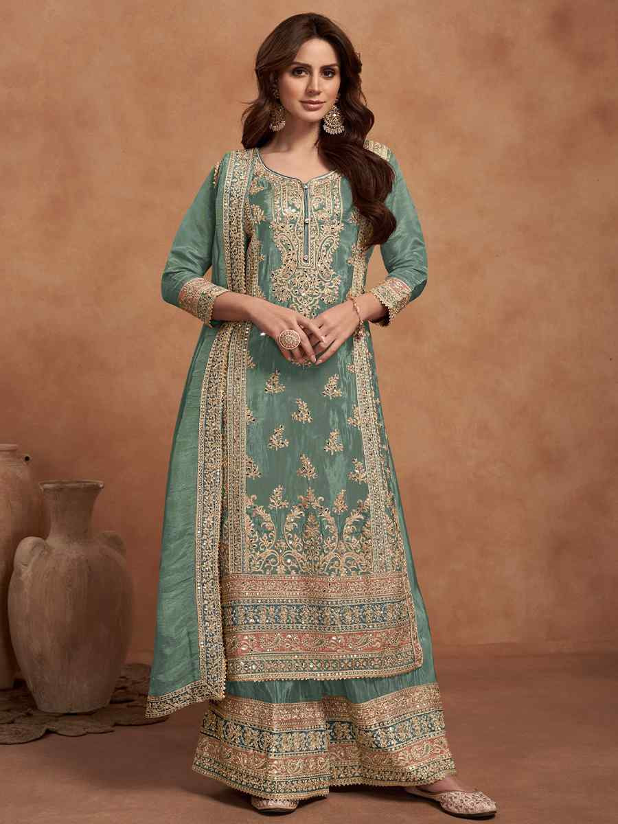 Sea Green Heavy PV Vichitra Embroidered Festival Wedding Palazzo Pant Salwar Kameez