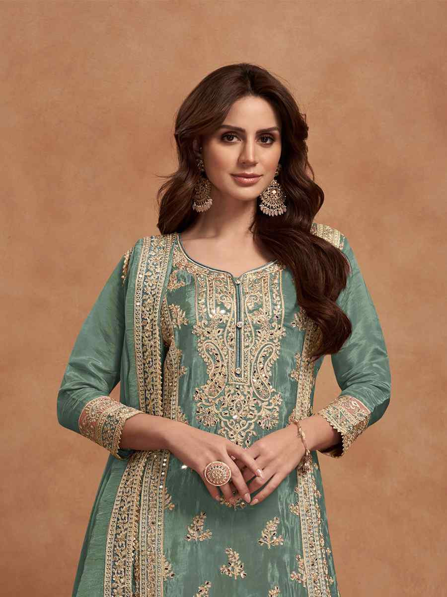 Sea Green Heavy PV Vichitra Embroidered Festival Wedding Palazzo Pant Salwar Kameez
