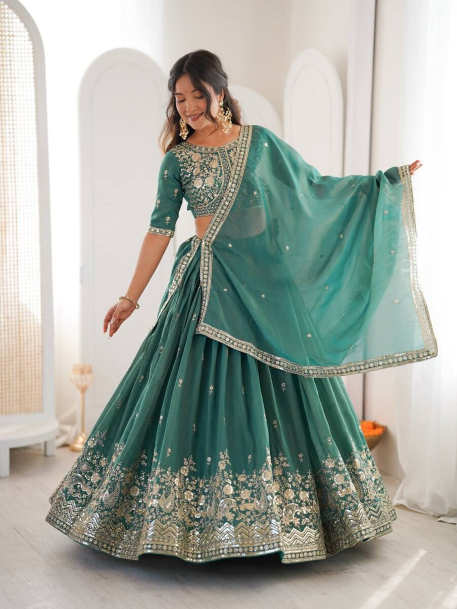 Sea Green Heavy Simar Silk Embroidery Sequins Zari Wedding Reception Party Festival Wear Heavy Border Lehenga Choli