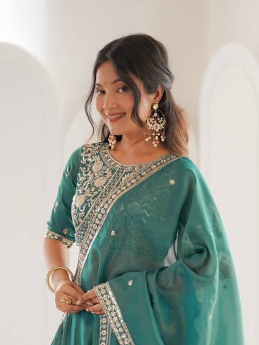 Sea Green Heavy Simar Silk Embroidery Sequins Zari Wedding Reception Party Festival Wear Heavy Border Lehenga Choli