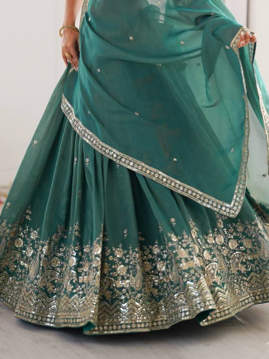 Sea Green Heavy Simar Silk Embroidery Sequins Zari Wedding Reception Party Festival Wear Heavy Border Lehenga Choli