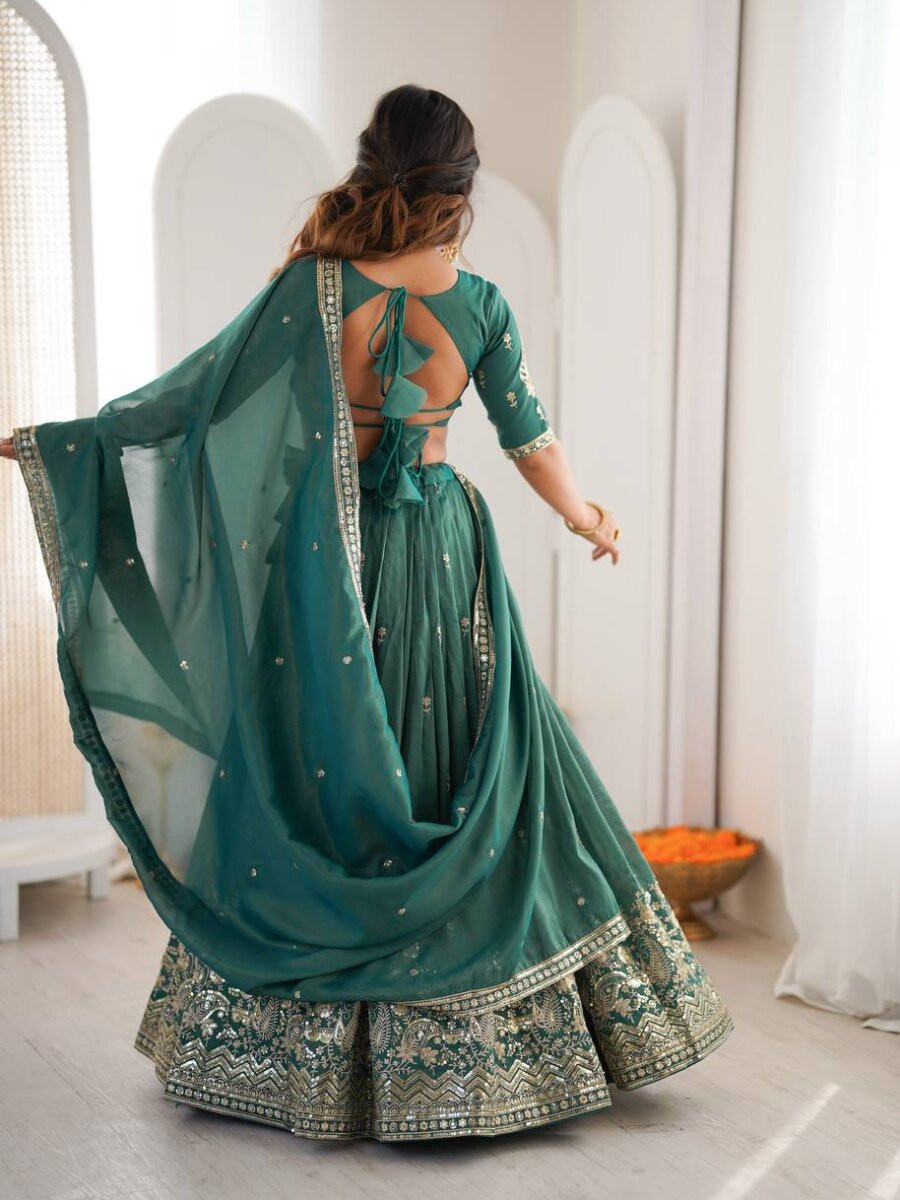 Sea Green Heavy Simar Silk Embroidery Sequins Zari Wedding Reception Party Festival Wear Heavy Border Lehenga Choli