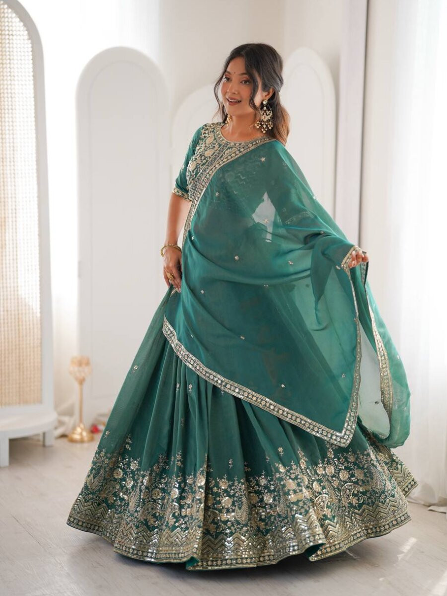 Sea Green Heavy Simar Silk Embroidery Sequins Zari Wedding Reception Party Festival Wear Heavy Border Lehenga Choli