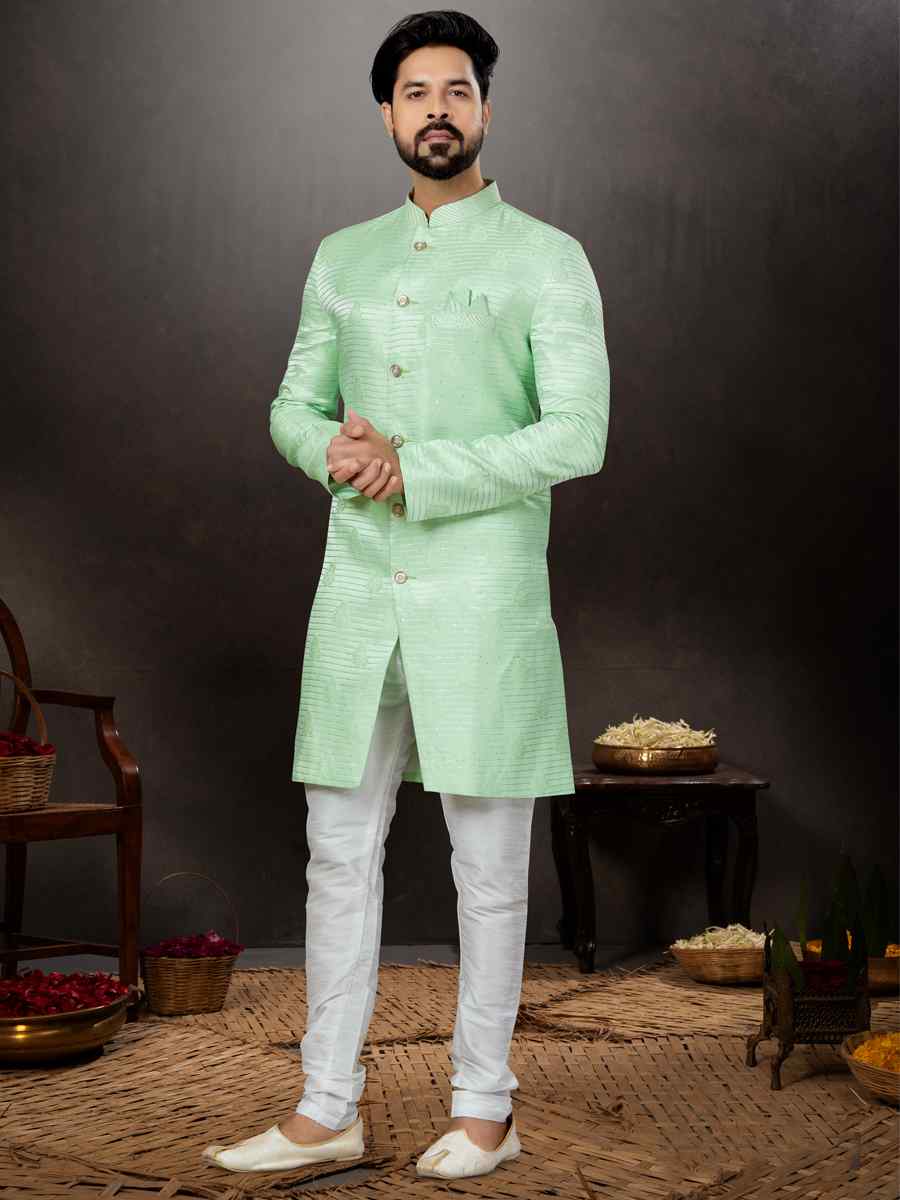 Sea Green Jacquard Embroidered Festival Wedding Sherwani