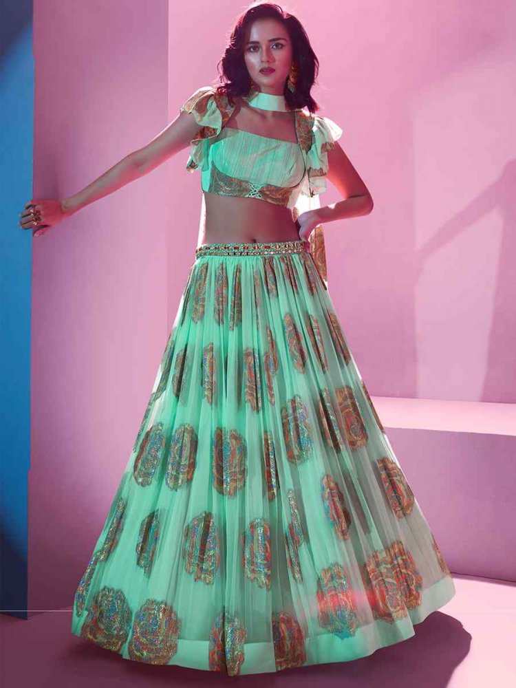 Sea Green Jacquard Embroidered Party Wear Festival Circular Lehenga Choli