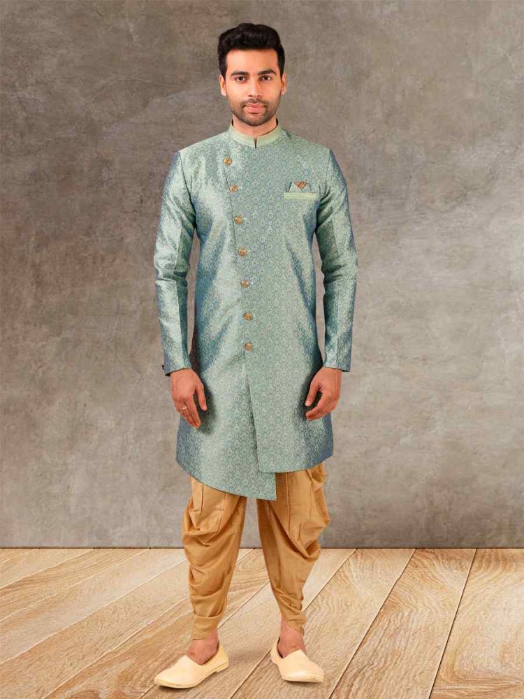 Sea Green Jacquard Silk Brocade Cutwork Party Wedding Kurta