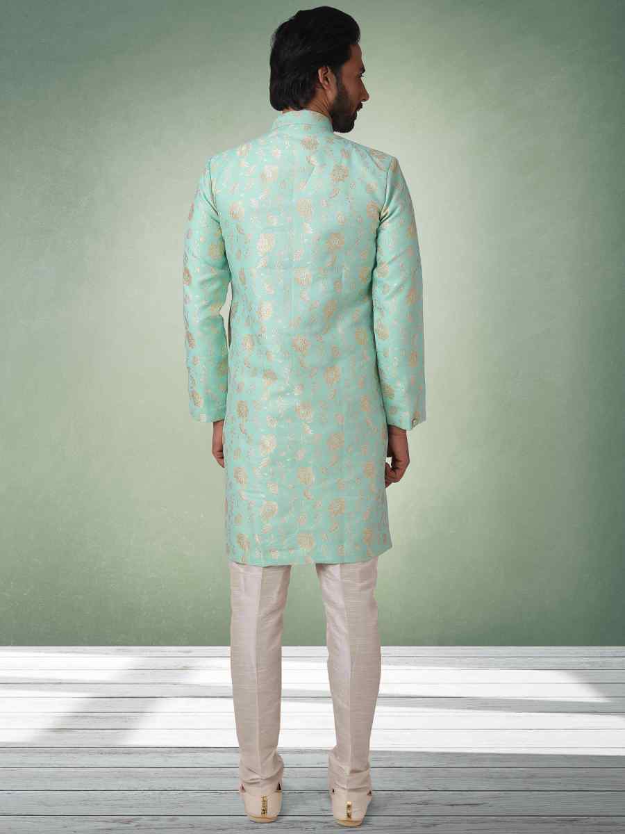 Sea Green Jacquard Silk Brocade Plain Party Aligadhi Pant Sherwani