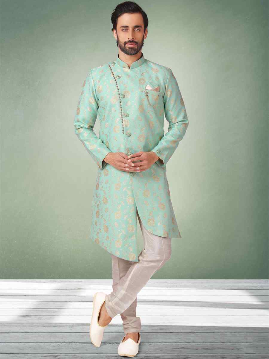 Sea Green Jacquard Silk Brocade Plain Party Aligadhi Pant Sherwani