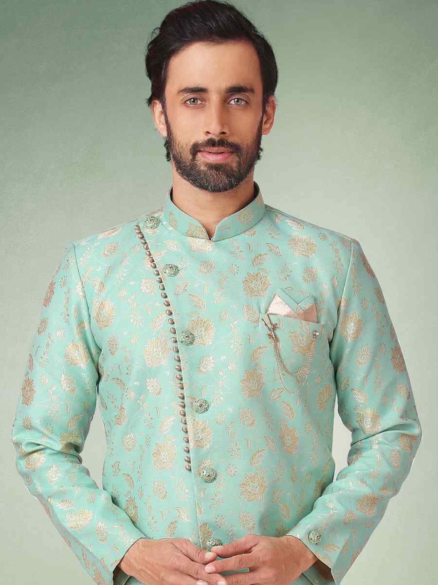 Sea Green Jacquard Silk Brocade Plain Party Aligadhi Pant Sherwani