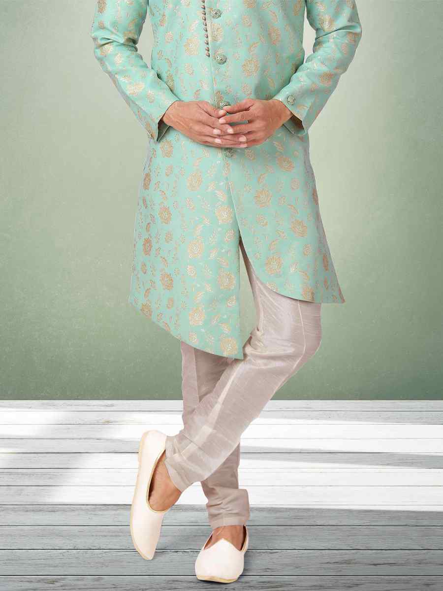 Sea Green Jacquard Silk Brocade Plain Party Aligadhi Pant Sherwani