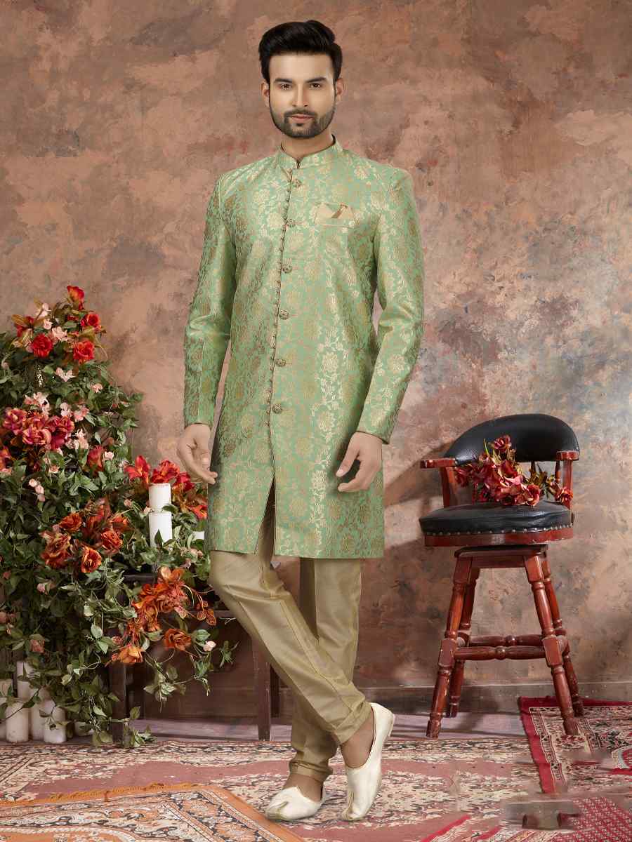 Sea Green Jacquard Woven Festival Wedding Sherwani