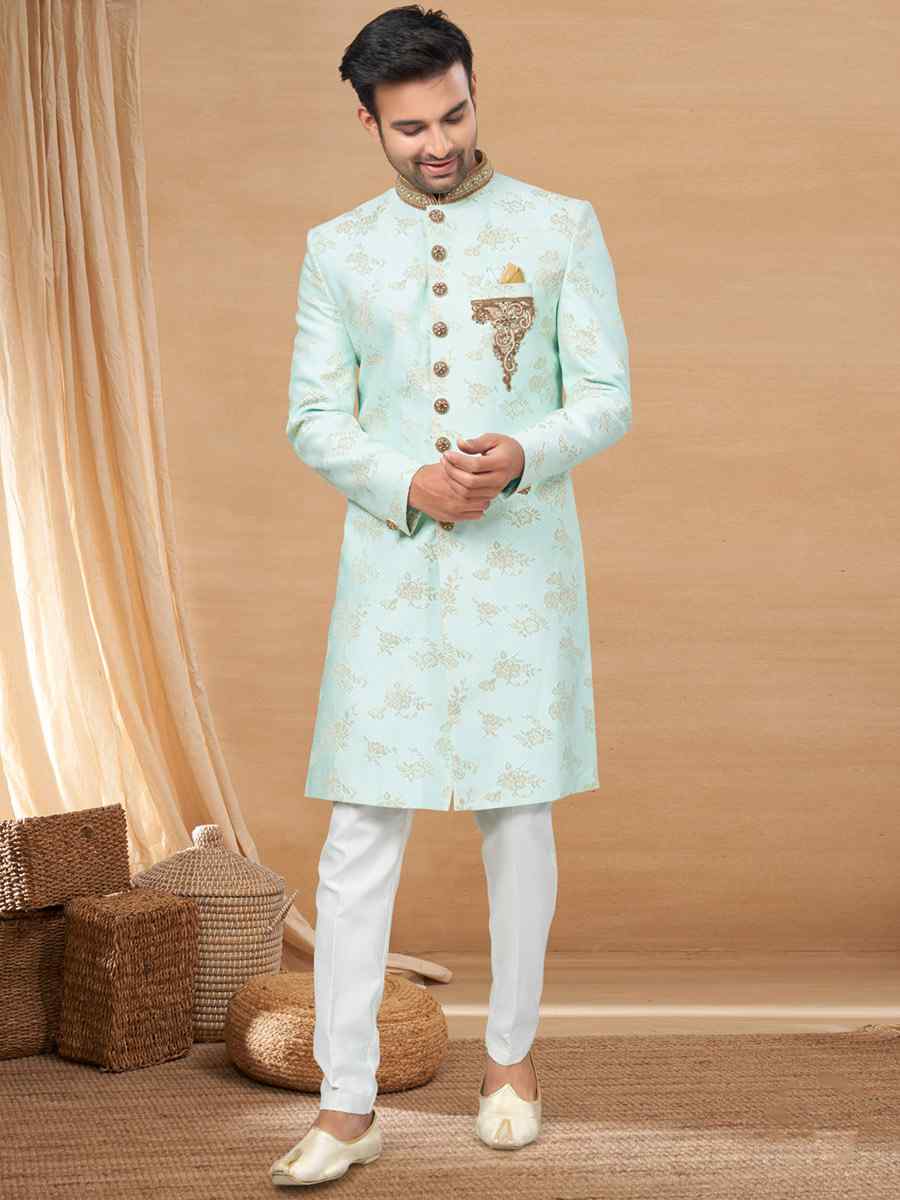 Sea Green Jacquard Woven Festival Wedding Sherwani