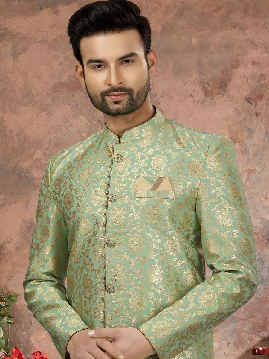 Sea Green Jacquard Woven Festival Wedding Sherwani