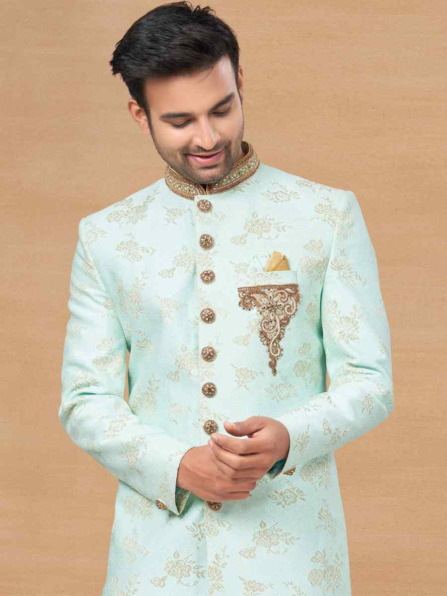 Sea Green Jacquard Woven Festival Wedding Sherwani
