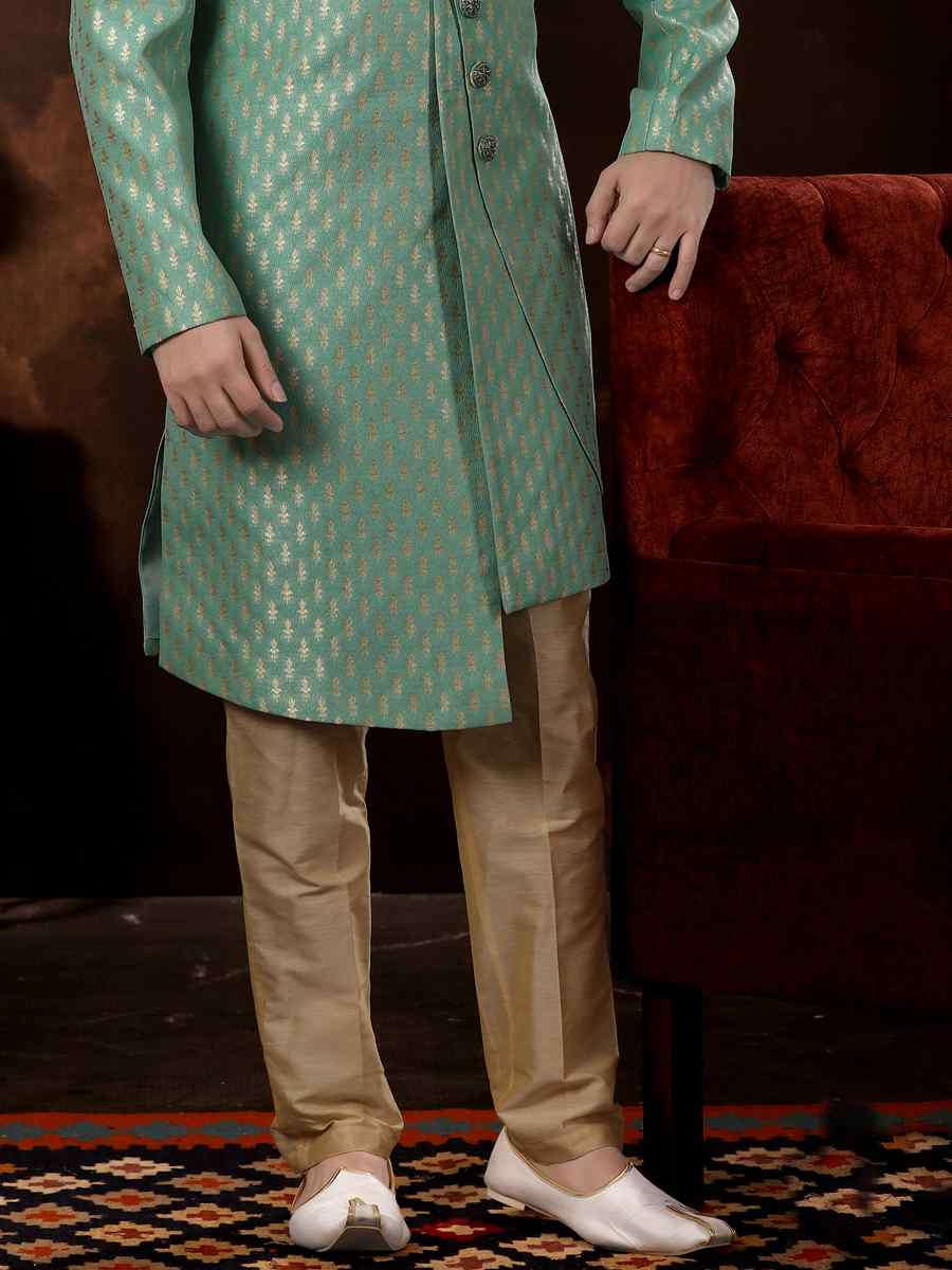 Sea Green Jacquard Woven Wedding Party Sherwani
