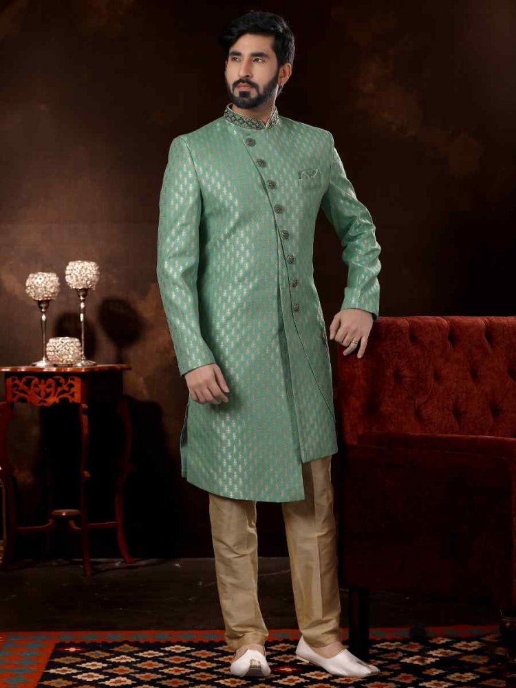Sea Green Jacquard Woven Wedding Party Sherwani