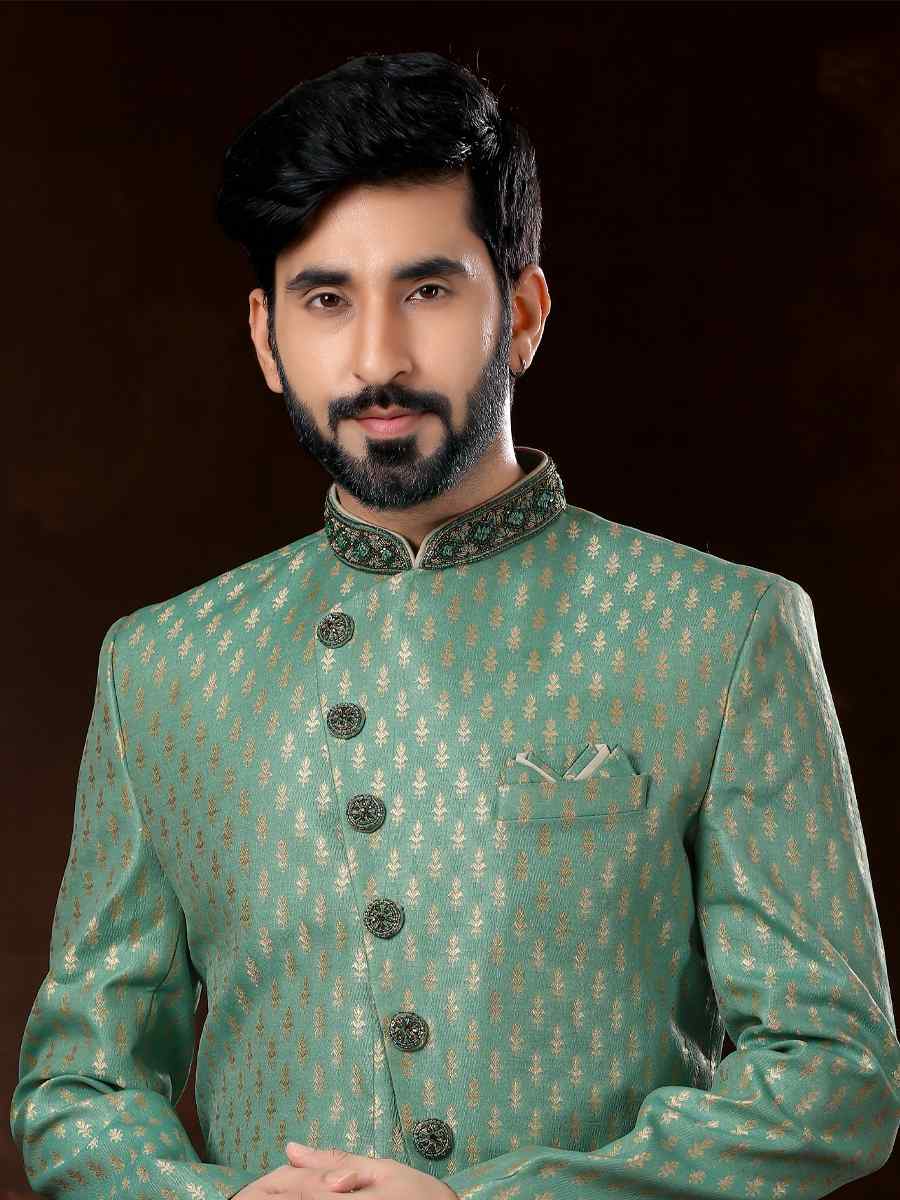 Sea Green Jacquard Woven Wedding Party Sherwani