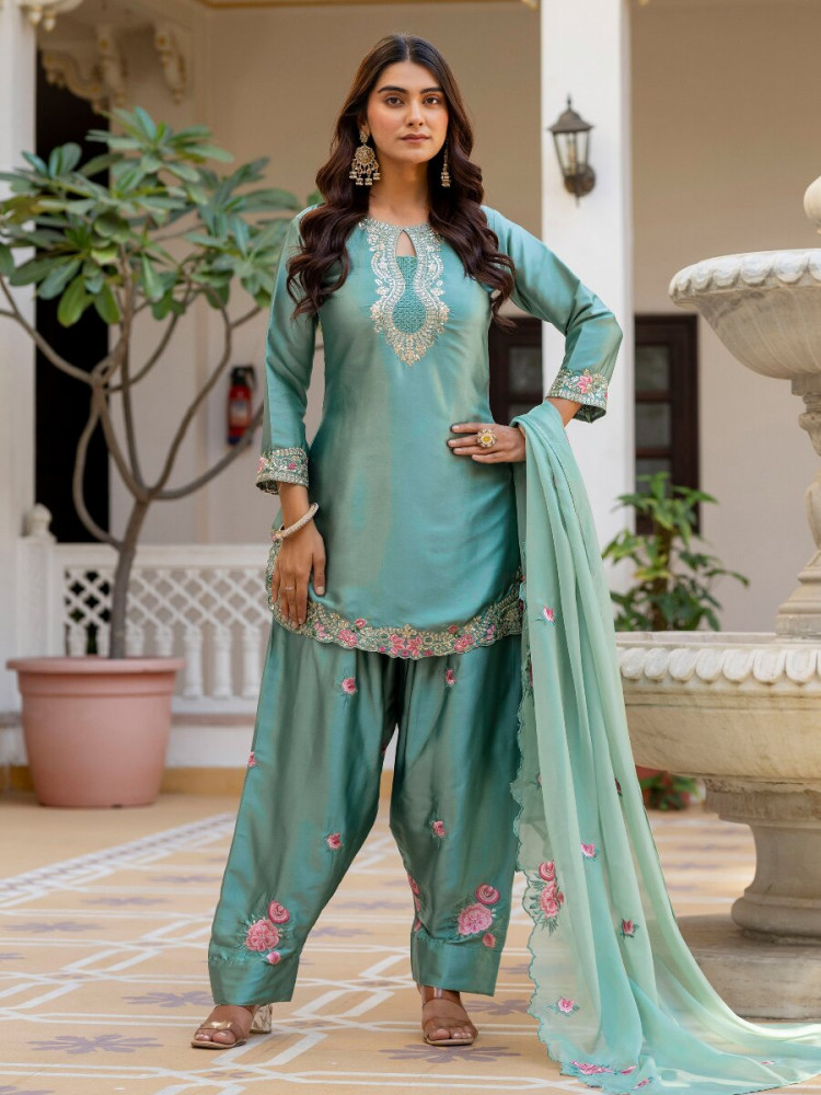 Image of Sea Green Japan Satin Embroidery Wedding Party Festival Casual Ready Palazzo Pant Salwar Kameez