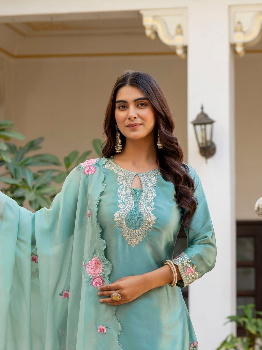 Sea Green Japan Satin Embroidery Wedding Party Festival Casual Ready Palazzo Pant Salwar Kameez