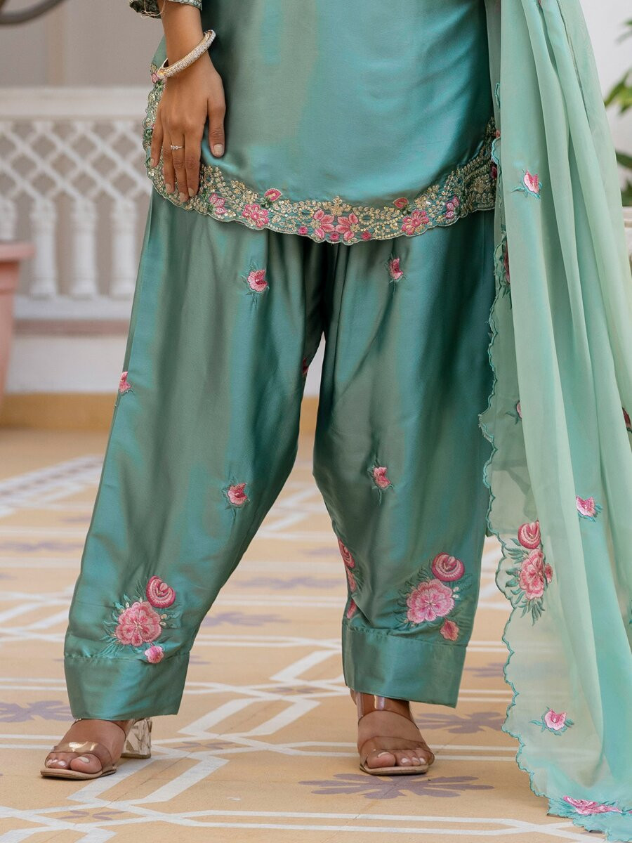 Sea Green Japan Satin Embroidery Wedding Party Festival Casual Ready Palazzo Pant Salwar Kameez