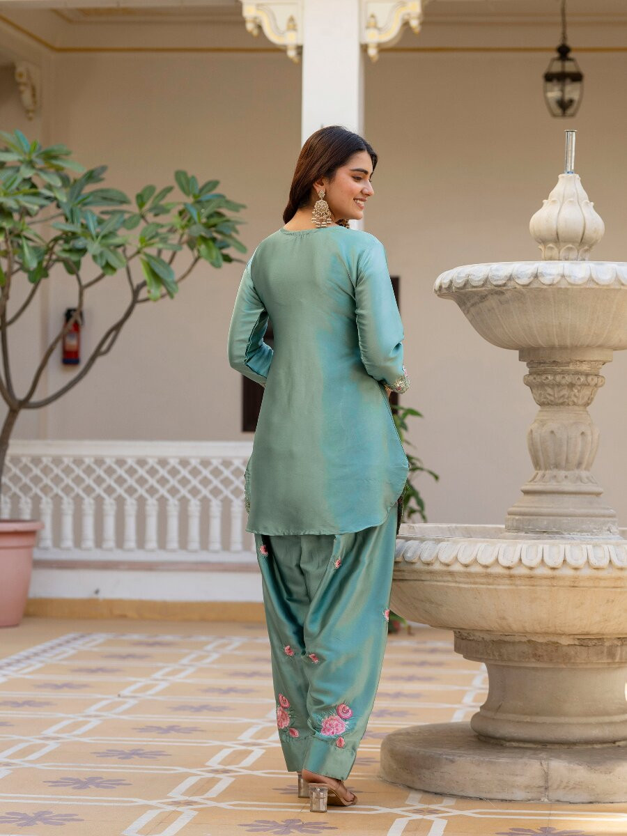 Sea Green Japan Satin Embroidery Wedding Party Festival Casual Ready Palazzo Pant Salwar Kameez