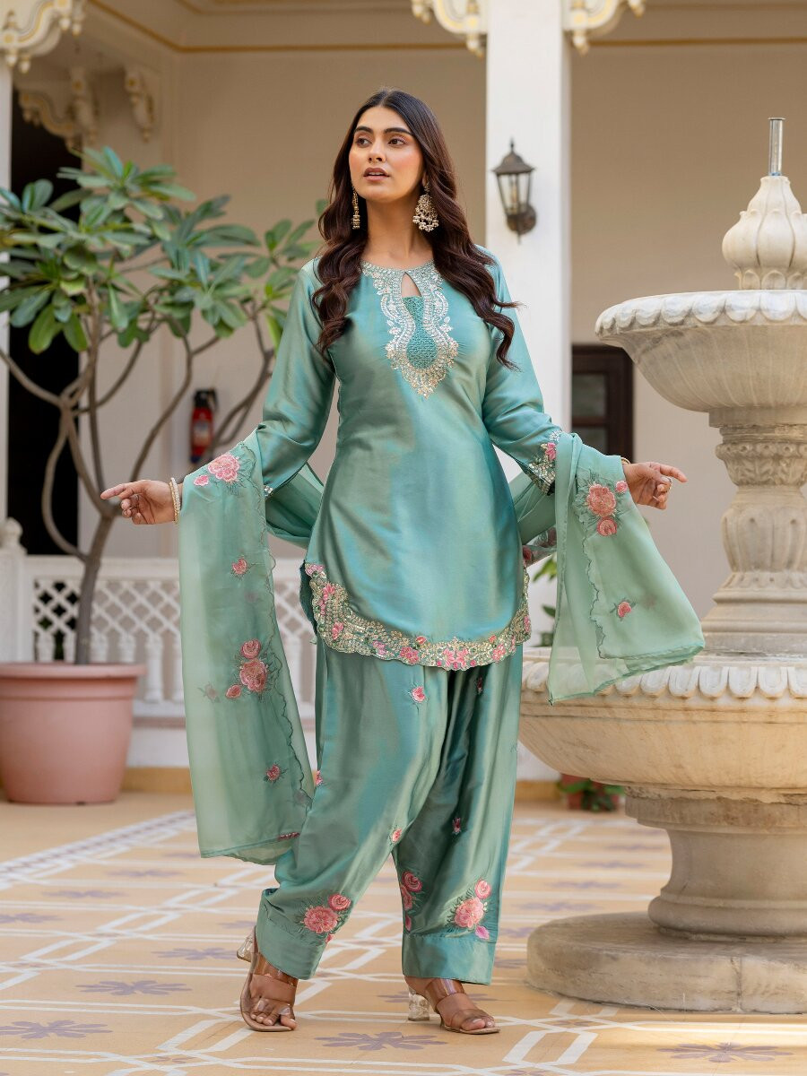 Sea Green Japan Satin Embroidery Wedding Party Festival Casual Ready Palazzo Pant Salwar Kameez