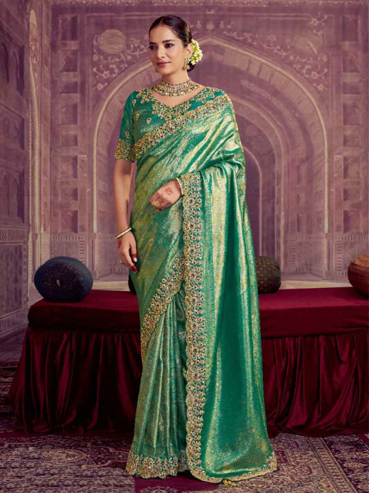 Image of Sea Green Kanjivaram Pure Zari Silk Embroidery Bridal Reception Festival Wedding Fancy Heavy Border Saree