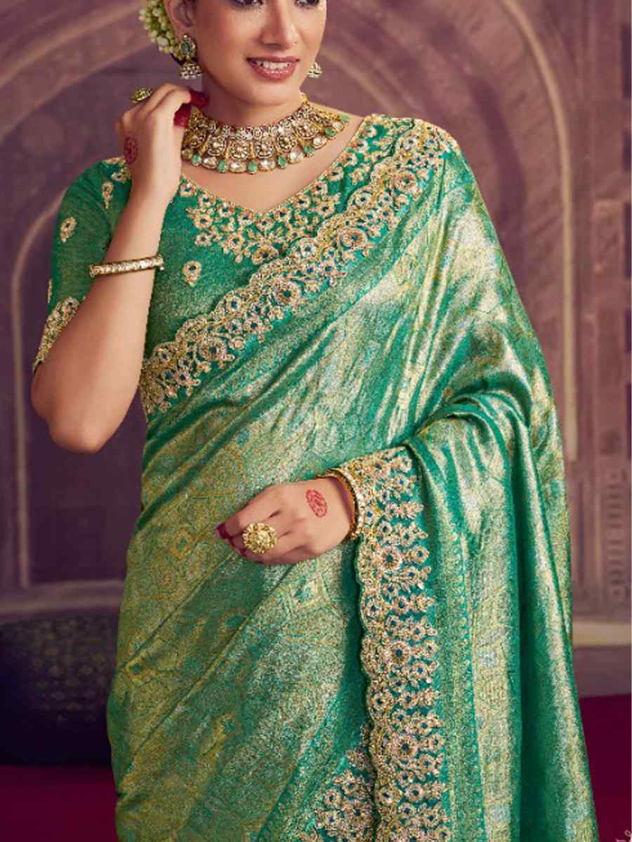 Sea Green Kanjivaram Pure Zari Silk Embroidery Bridal Reception Festival Wedding Fancy Heavy Border Saree