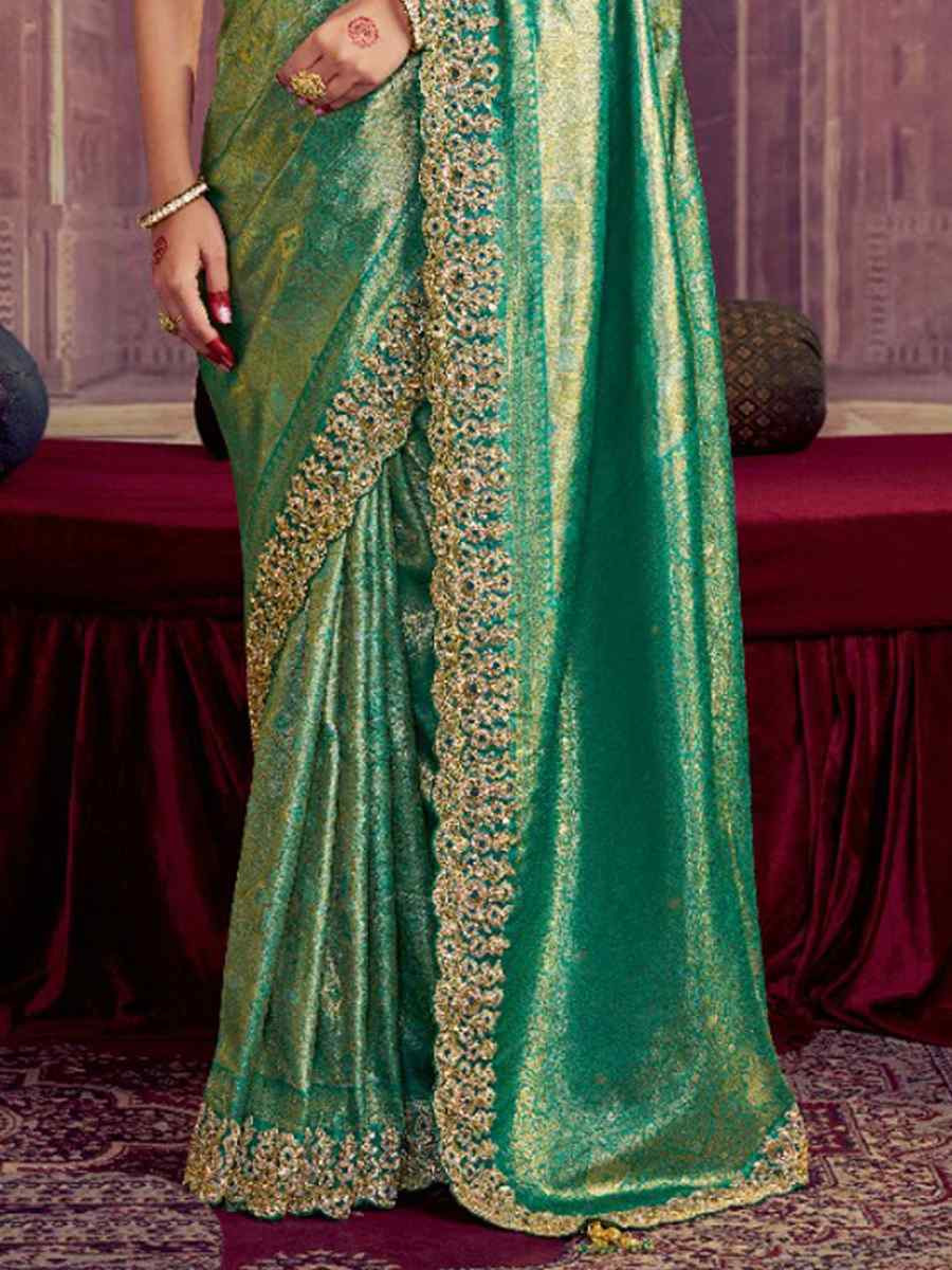 Sea Green Kanjivaram Pure Zari Silk Embroidery Bridal Reception Festival Wedding Fancy Heavy Border Saree