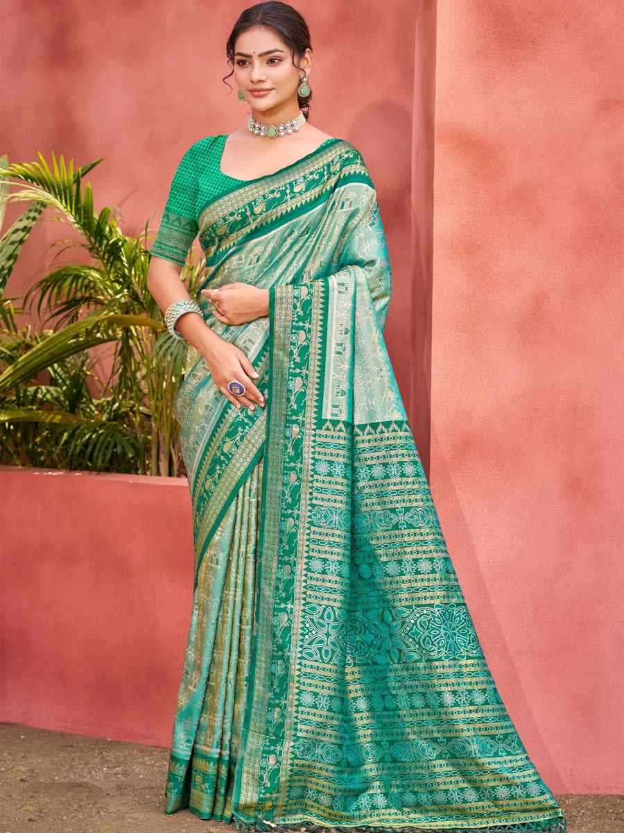 Sea Green Kanjivaram Silk Printed Handwoven Festival Wedding Fancy Heavy Border Saree