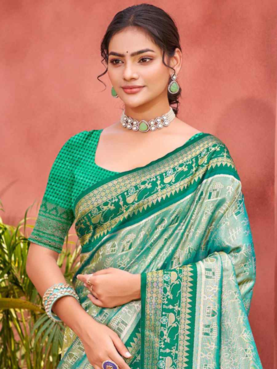 Sea Green Kanjivaram Silk Printed Handwoven Festival Wedding Fancy Heavy Border Saree