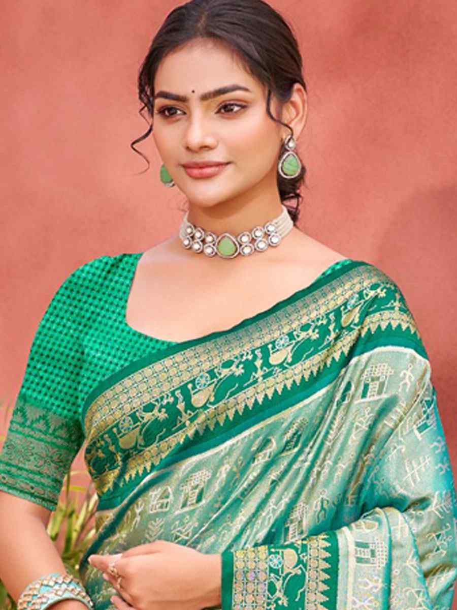 Sea Green Kanjivaram Silk Printed Handwoven Festival Wedding Fancy Heavy Border Saree