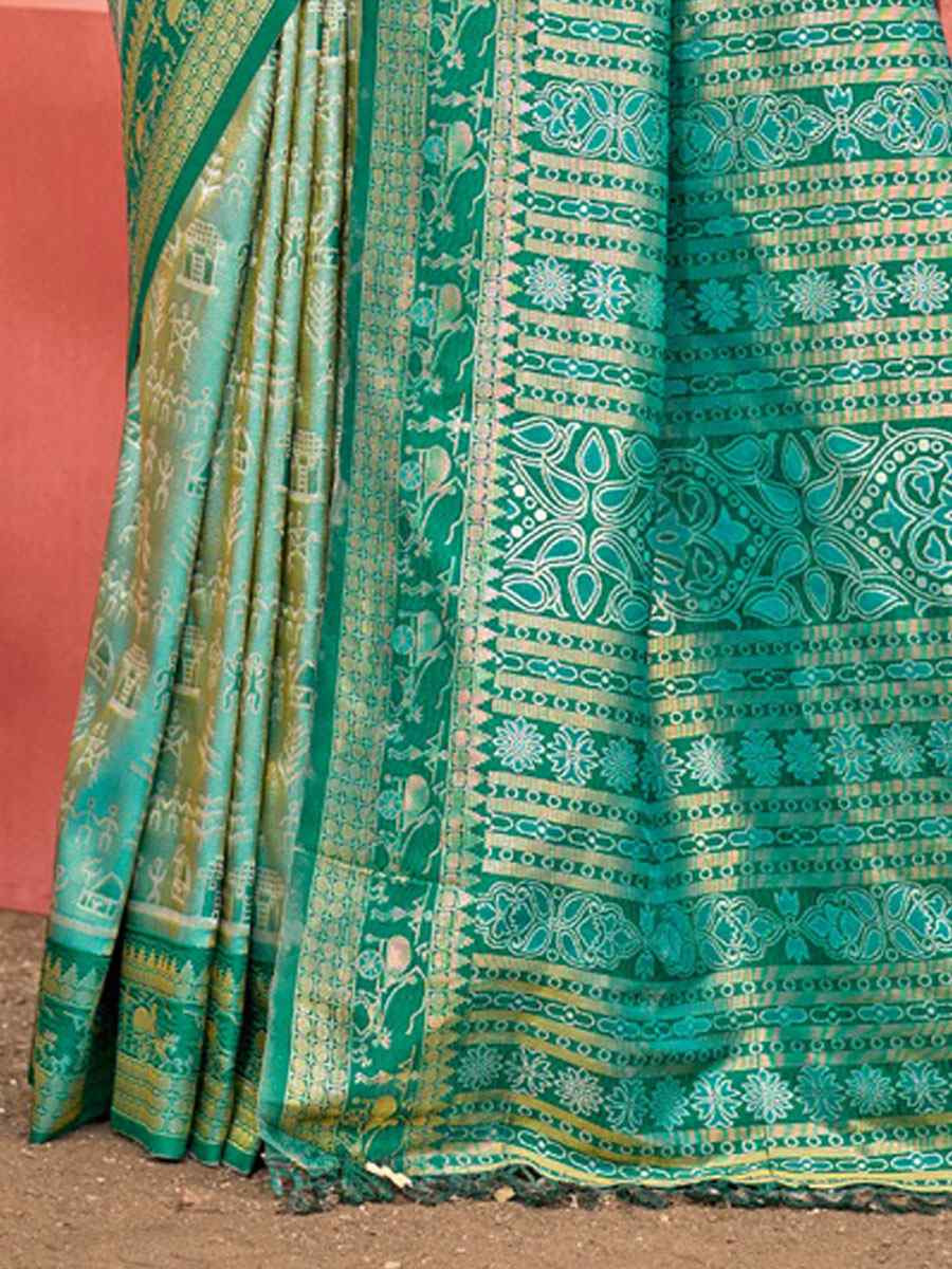 Sea Green Kanjivaram Silk Printed Handwoven Festival Wedding Fancy Heavy Border Saree