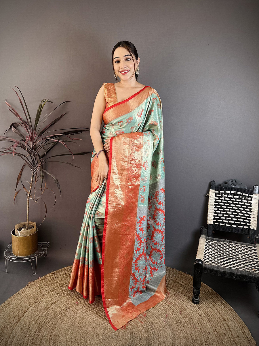 Sea Green Kanjivaram Silk Zari Weaving Wedding Reception Party Festival Casual Heavy Border Sarees