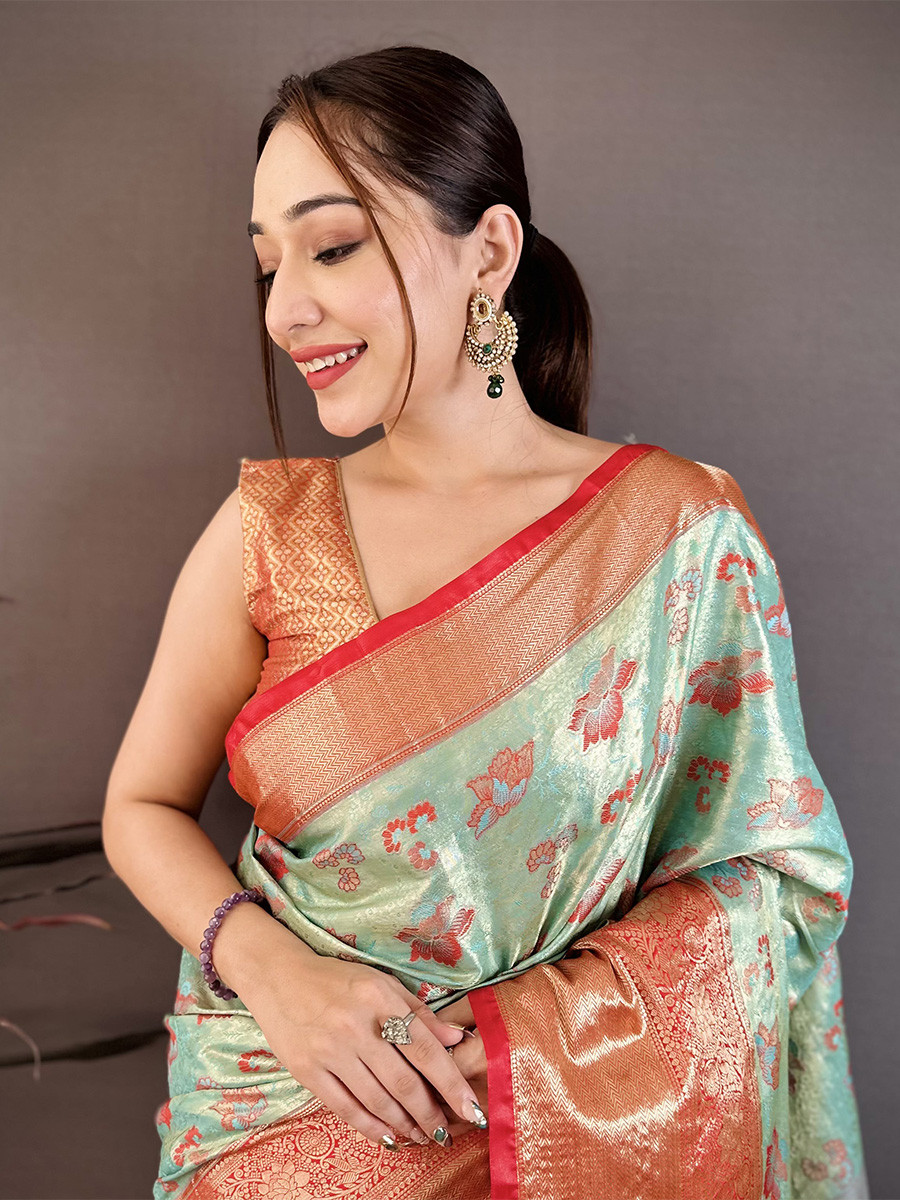 Sea Green Kanjivaram Silk Zari Weaving Wedding Reception Party Festival Casual Heavy Border Sarees