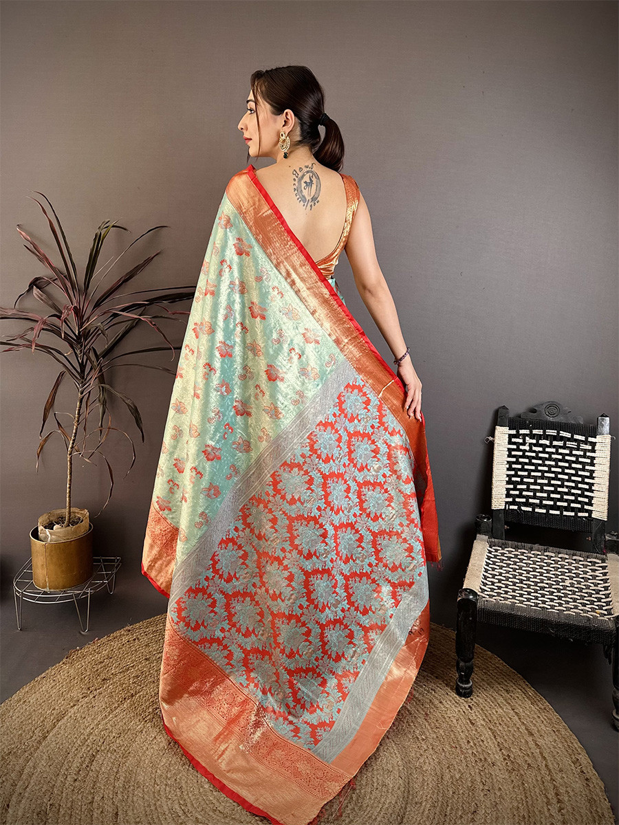 Sea Green Kanjivaram Silk Zari Weaving Wedding Reception Party Festival Casual Heavy Border Sarees