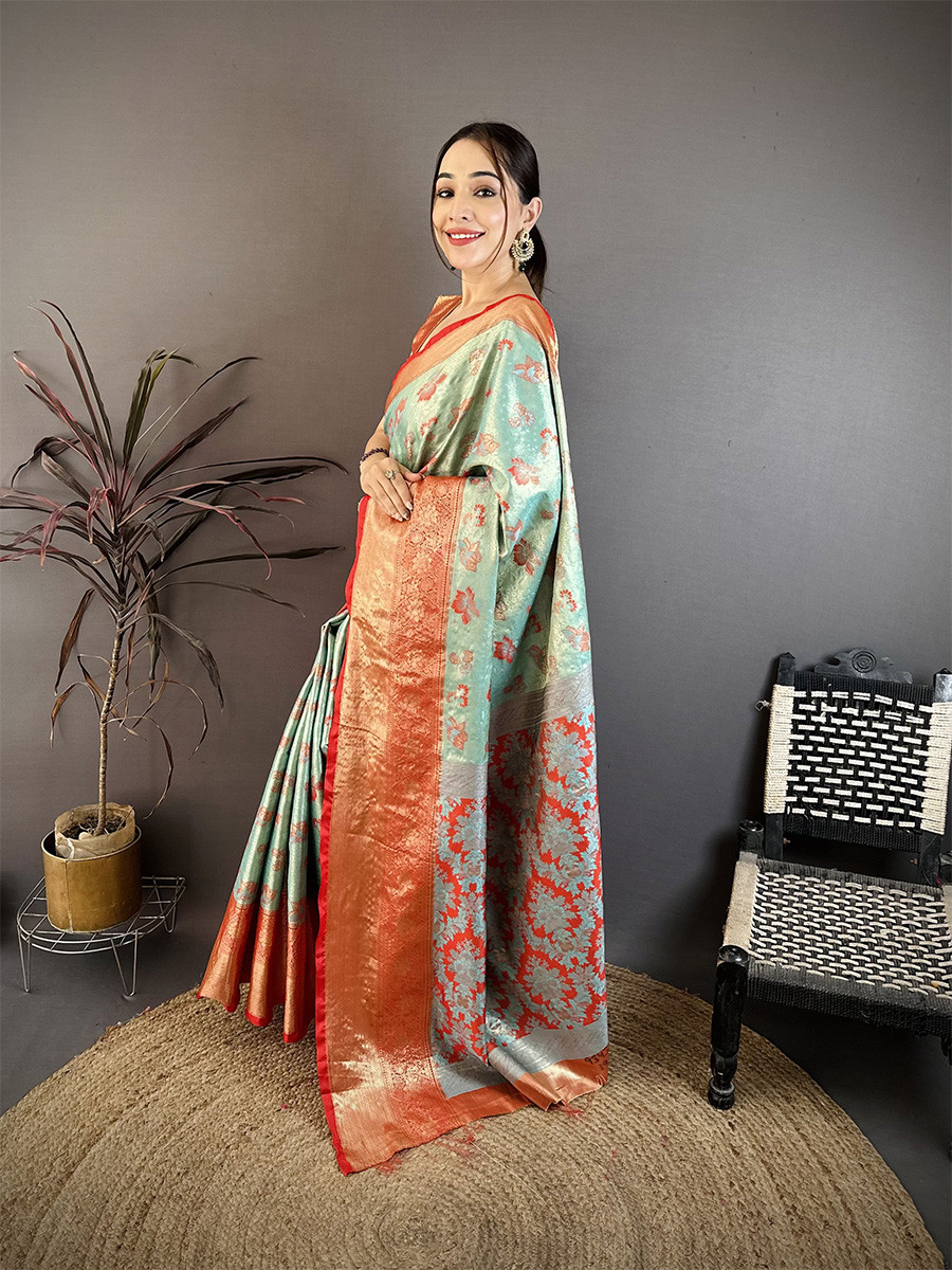 Sea Green Kanjivaram Silk Zari Weaving Wedding Reception Party Festival Casual Heavy Border Sarees
