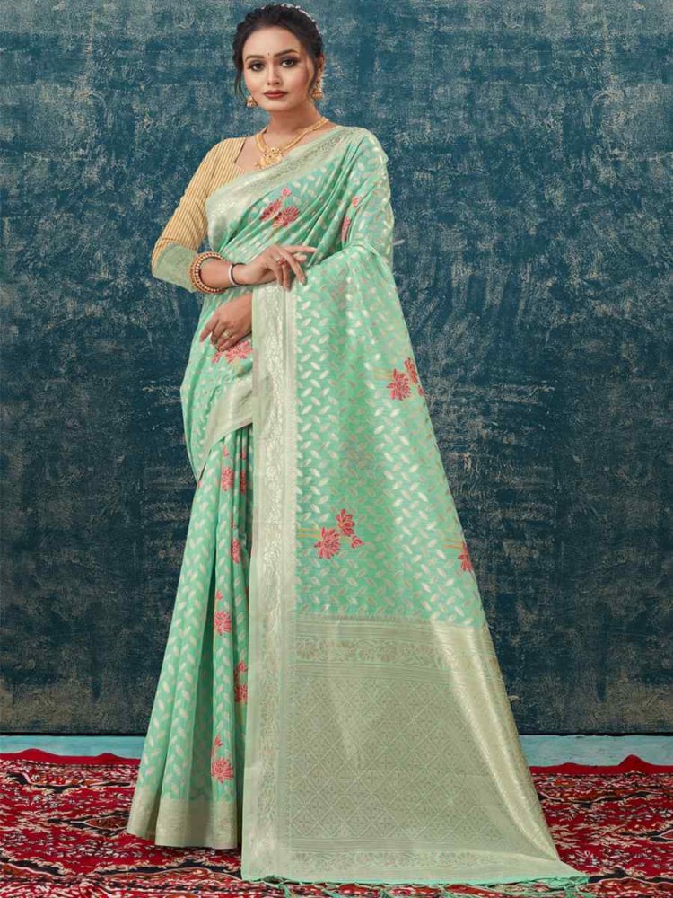 Sea Green Kota Cotton Handwoven Wedding Festival Heavy Border Saree