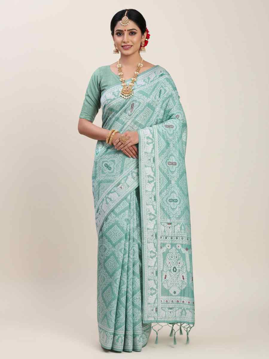 Sea Green Linen Cotton Handwoven Bridal Reception Festival Wedding Fancy Heavy Border Saree
