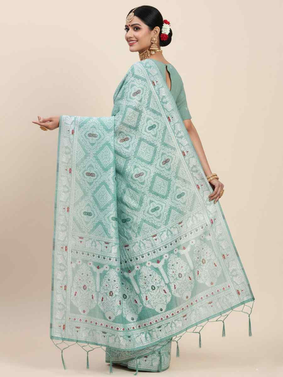 Sea Green Linen Cotton Handwoven Bridal Reception Festival Wedding Fancy Heavy Border Saree