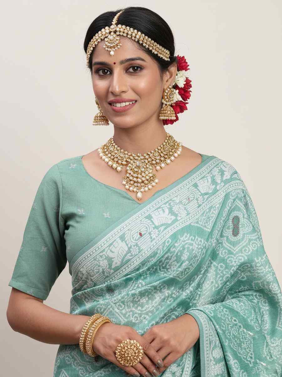 Sea Green Linen Cotton Handwoven Bridal Reception Festival Wedding Fancy Heavy Border Saree