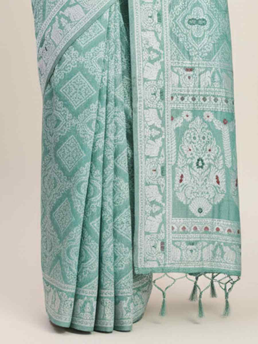 Sea Green Linen Cotton Handwoven Bridal Reception Festival Wedding Fancy Heavy Border Saree