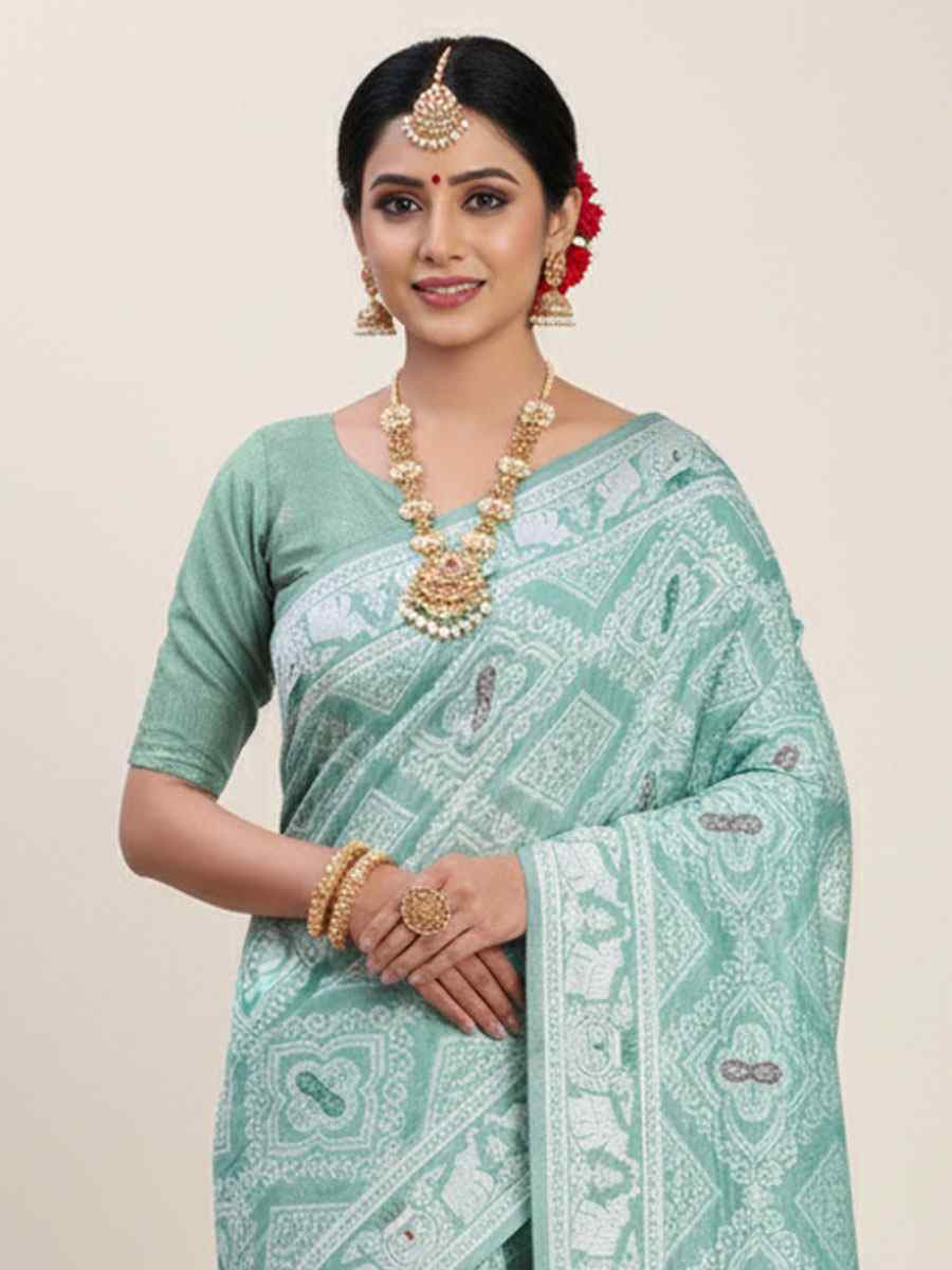 Sea Green Linen Cotton Handwoven Bridal Reception Festival Wedding Fancy Heavy Border Saree