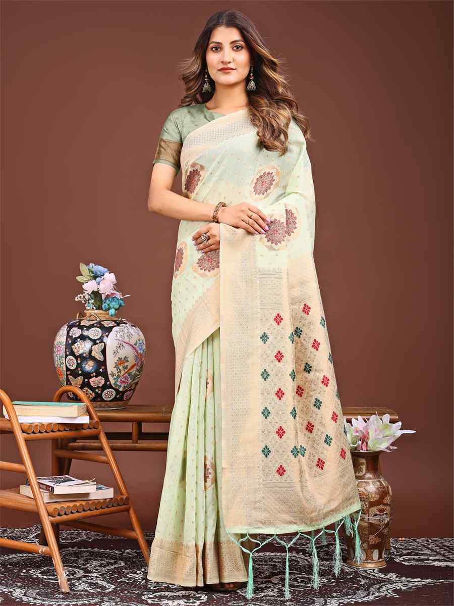 Sea Green Linen Cotton Handwoven Festival Wedding Fancy Heavy Border Saree