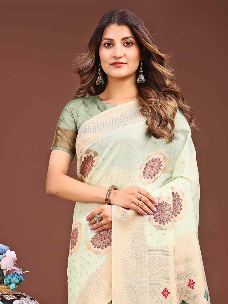 Sea Green Linen Cotton Handwoven Festival Wedding Fancy Heavy Border Saree