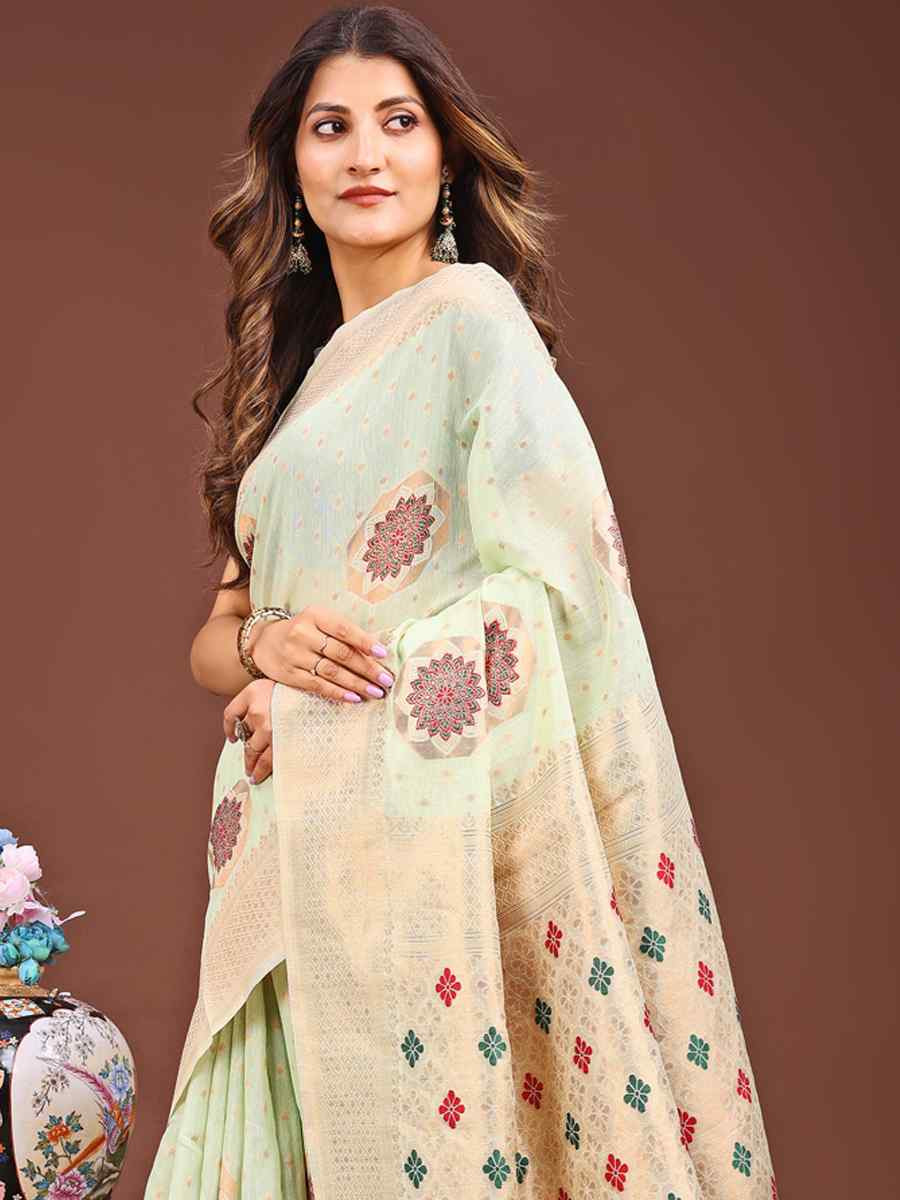 Sea Green Linen Cotton Handwoven Festival Wedding Fancy Heavy Border Saree